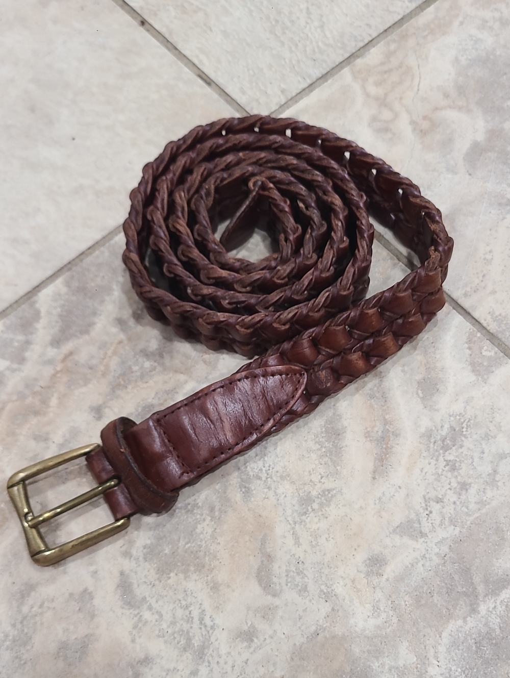 From B.A.S Woven Brown Leather Belt with Brass-Tone Buckle.